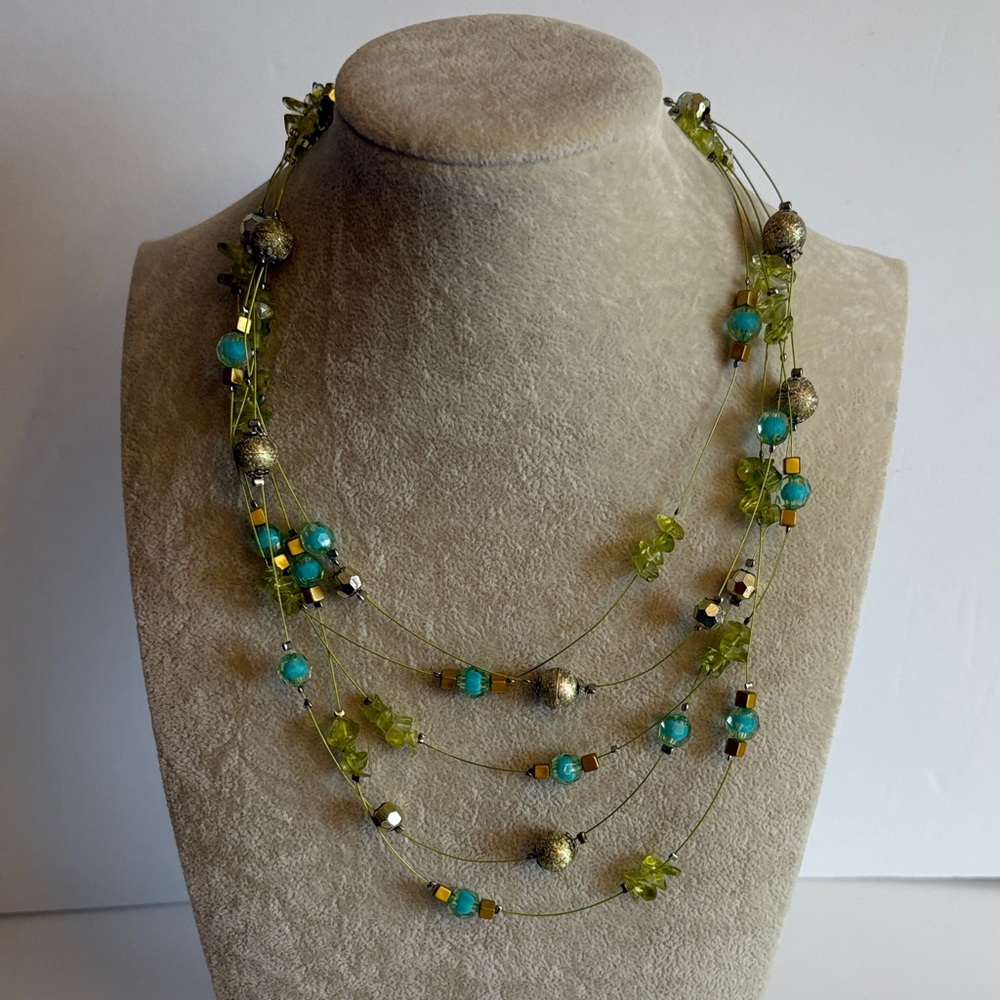 Green Turquoise Floating Necklace Multi Strand Wire Bead Layered Fairycore